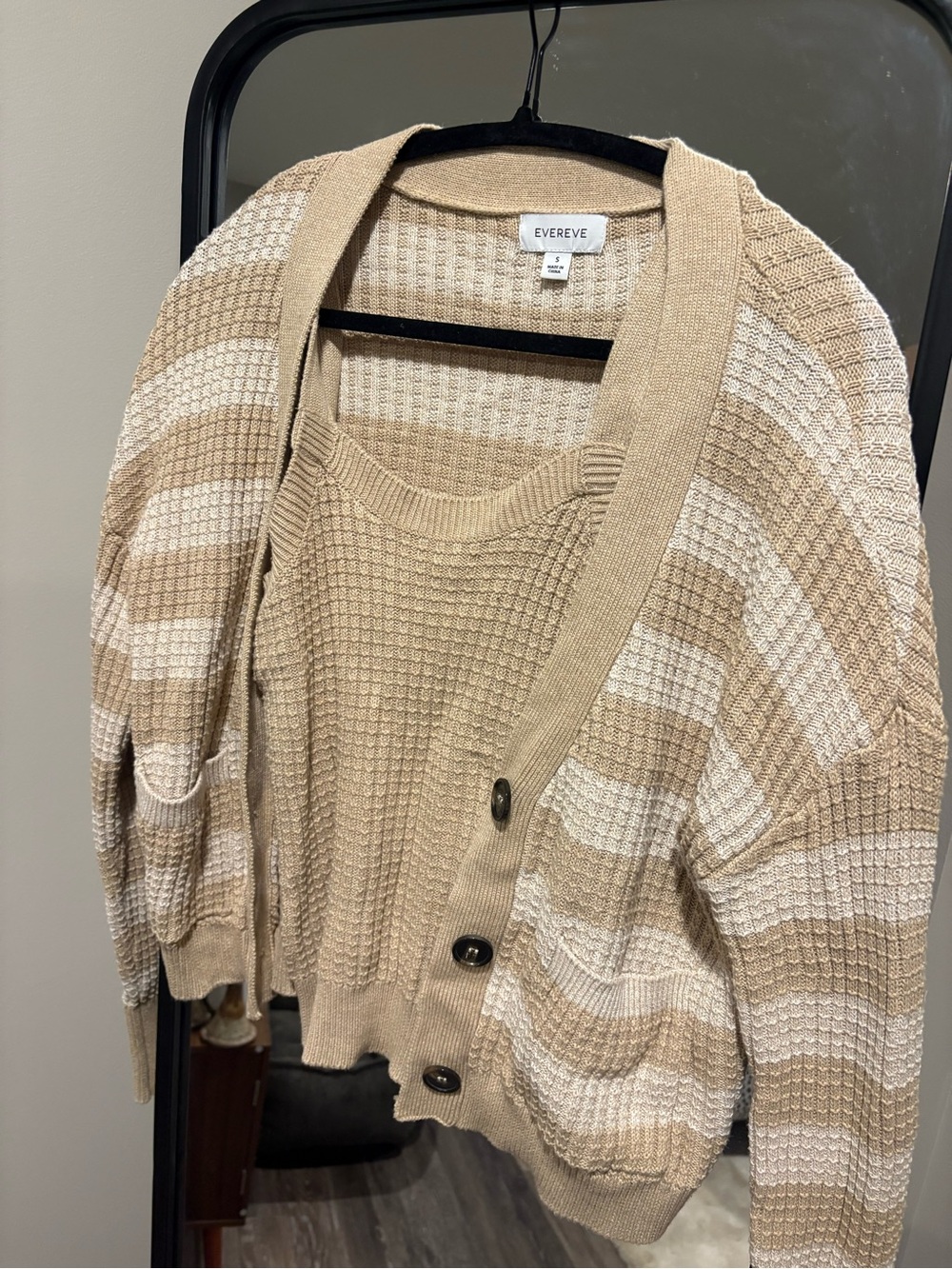 EVEREVE Beige Striped Waffle-Knit Cardigan & Tank Set